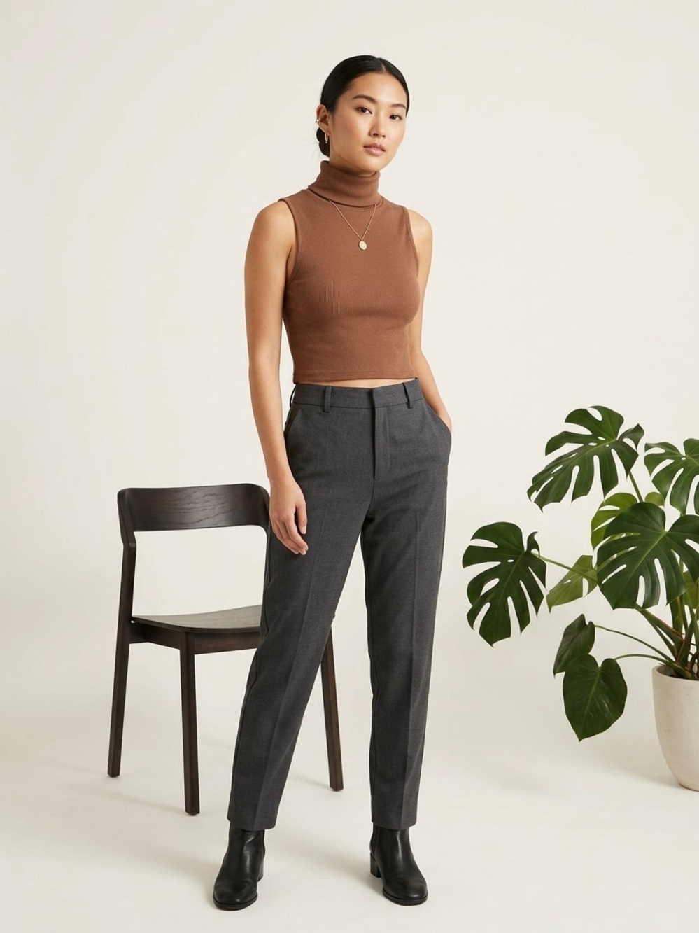 ZARA Ribbed Turtleneck Sleeveless Crop Top Brown Tan Knit Small